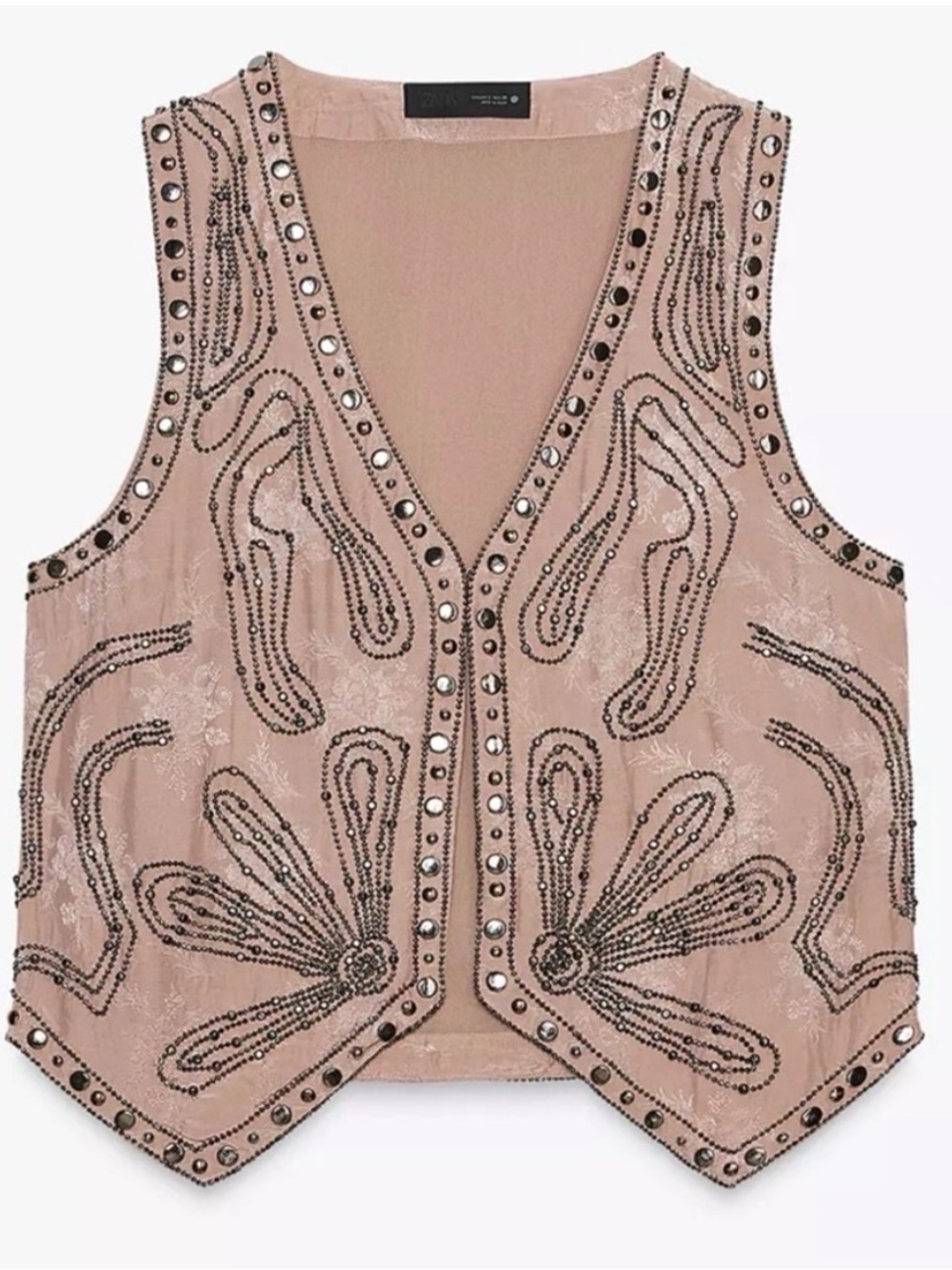 Zara Blush Pink Beaded Vest Over Sheer White Lace Top